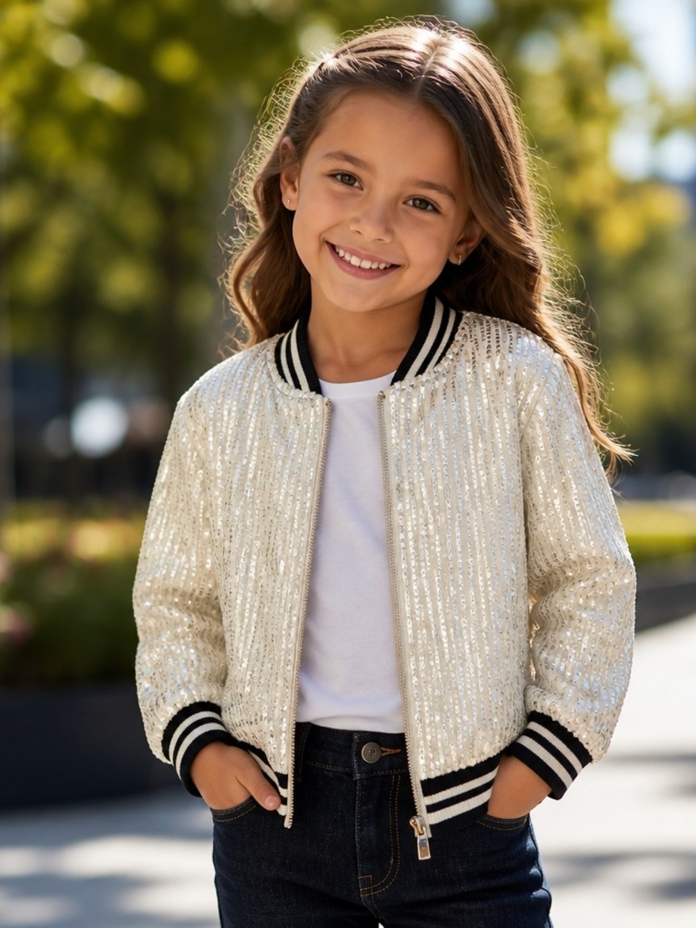 Girls Cream Sequin Bomber Jacket with Contrast Trim